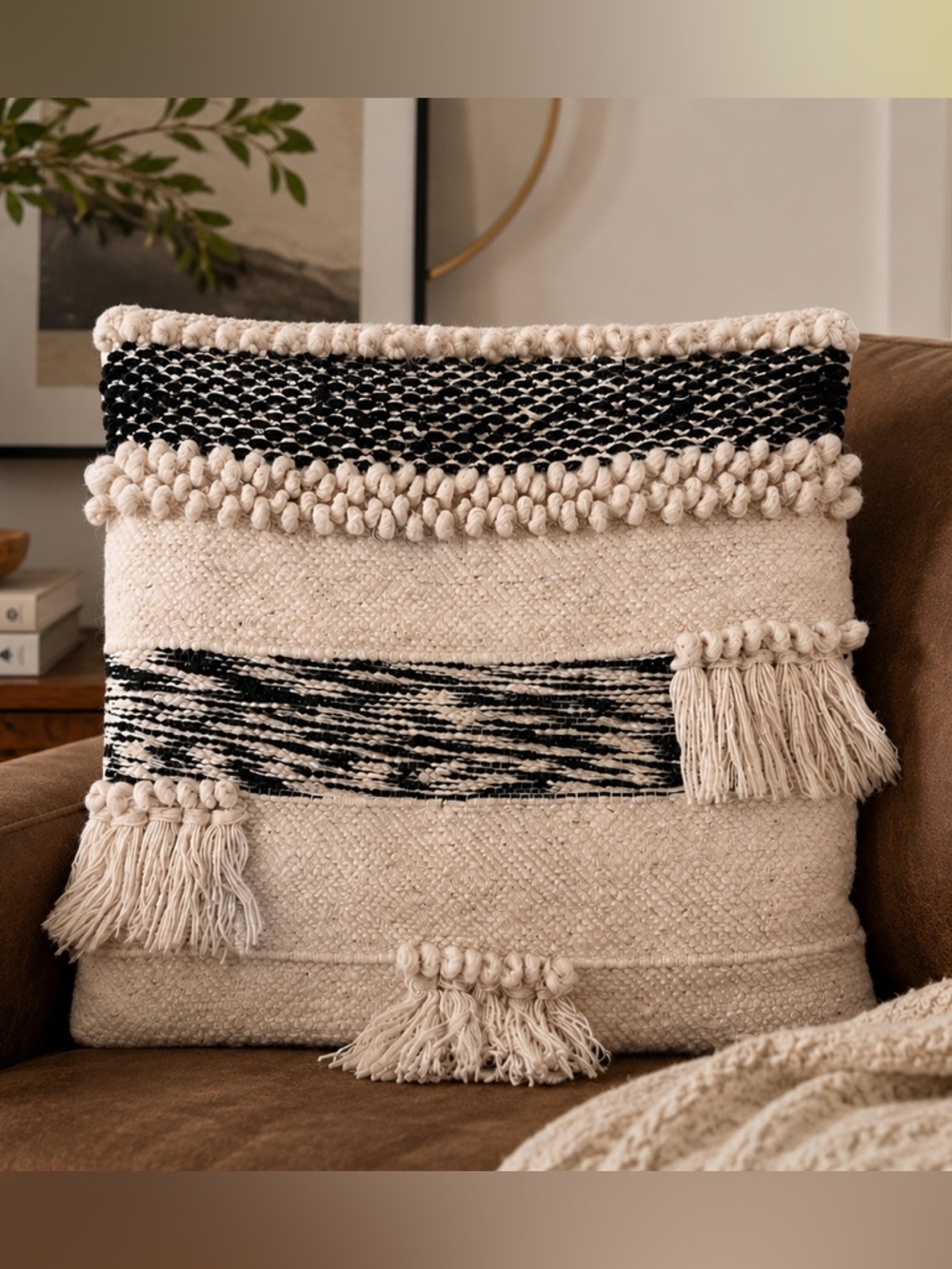 Modern Southwest Wool Pillow Cover 17x17 Black Cream Textured Tassel Boho Zip